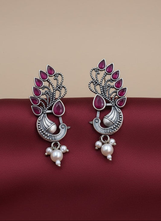 Silver Oxidized Peacock Motif Studs Earrings in Ruby Stones and Pearl Drop for Women - Ethnic Wear