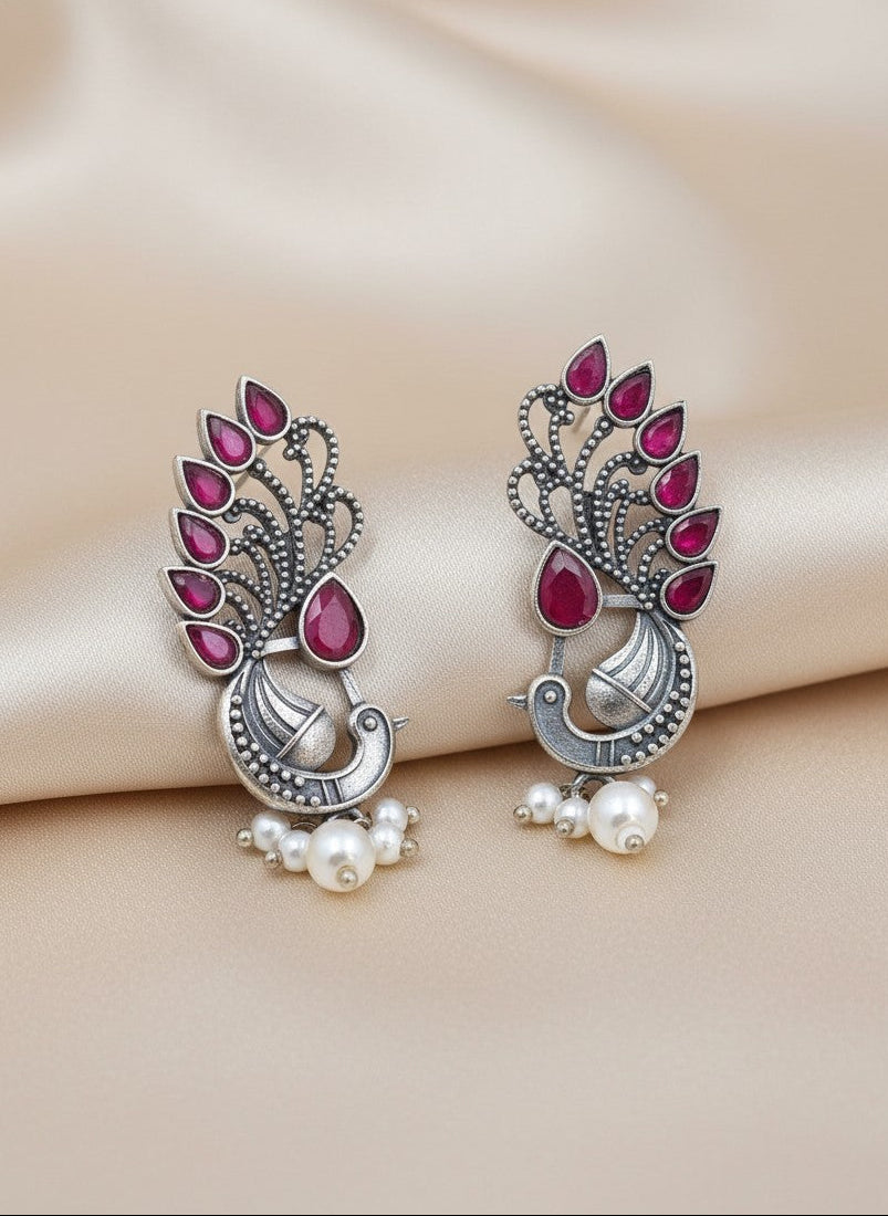 Silver Oxidized Peacock Motif Studs Earrings in Ruby Stones and Pearl Drop for Women - Ethnic Wear