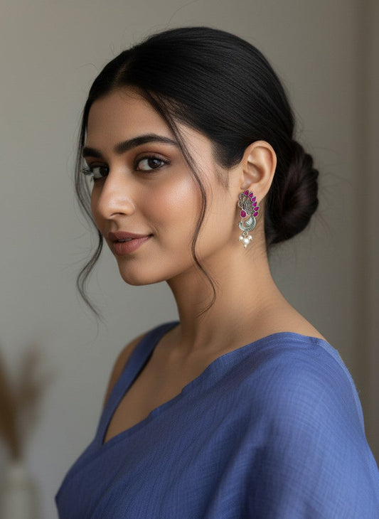 Silver Oxidized Peacock Motif Studs Earrings in Ruby Stones and Pearl Drop for Women - Ethnic Wear