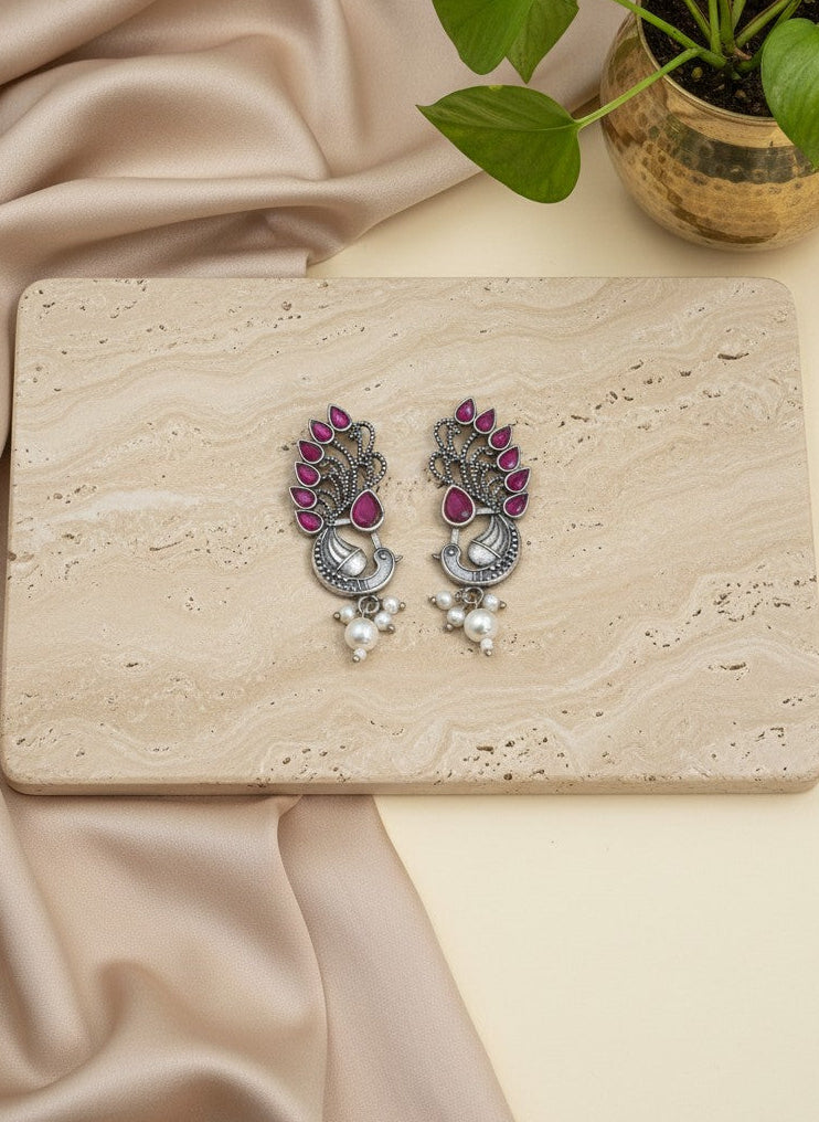 Silver Oxidized Peacock Motif Studs Earrings in Ruby Stones and Pearl Drop for Women - Ethnic Wear