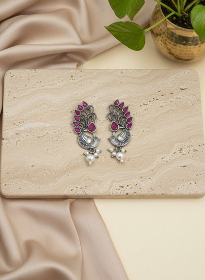 Silver Oxidized Peacock Motif Studs Earrings in Ruby Stones and Pearl Drop for Women - Ethnic Wear
