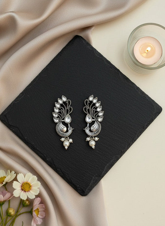 Silver Oxidized Peacock Motif Studs Earrings in White Stones and Pearl Drop for Women - Ethnic Wear