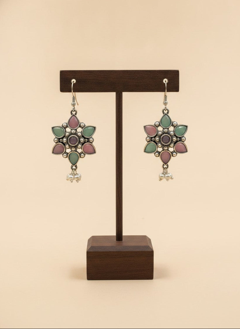 Silver Oxidized Pink & Mint Floral Stone Hook Earrings with Pearl Drops for Women - Everyday Wear