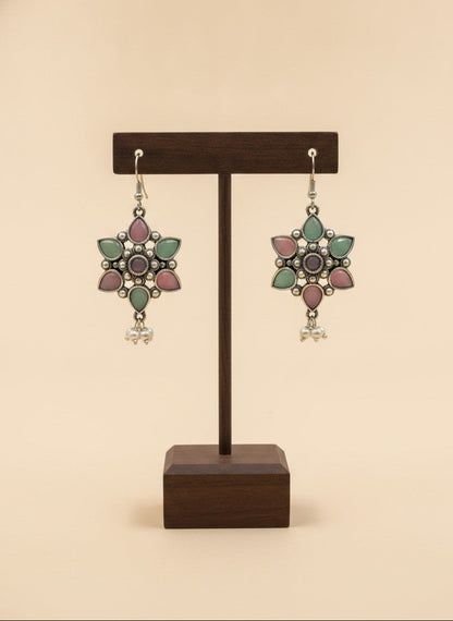 Silver Oxidized Pink & Mint Floral Stone Hook Earrings with Pearl Drops for Women - Everyday Wear
