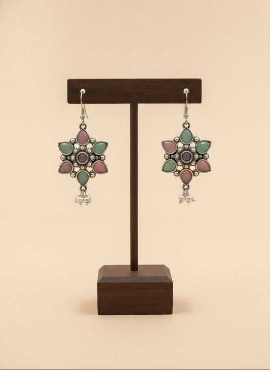 Silver Oxidized Pink & Mint Floral Stone Hook Earrings with Pearl Drops for Women - Everyday Wear