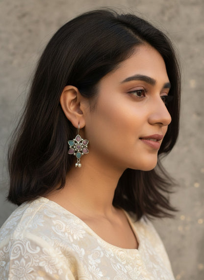 Silver Oxidized Pink & Mint Floral Stone Hook Earrings with Pearl Drops for Women - Everyday Wear