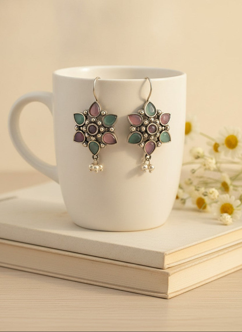 Silver Oxidized Pink & Mint Floral Stone Hook Earrings with Pearl Drops for Women - Everyday Wear