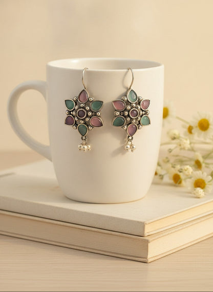 Silver Oxidized Pink & Mint Floral Stone Hook Earrings with Pearl Drops for Women - Everyday Wear