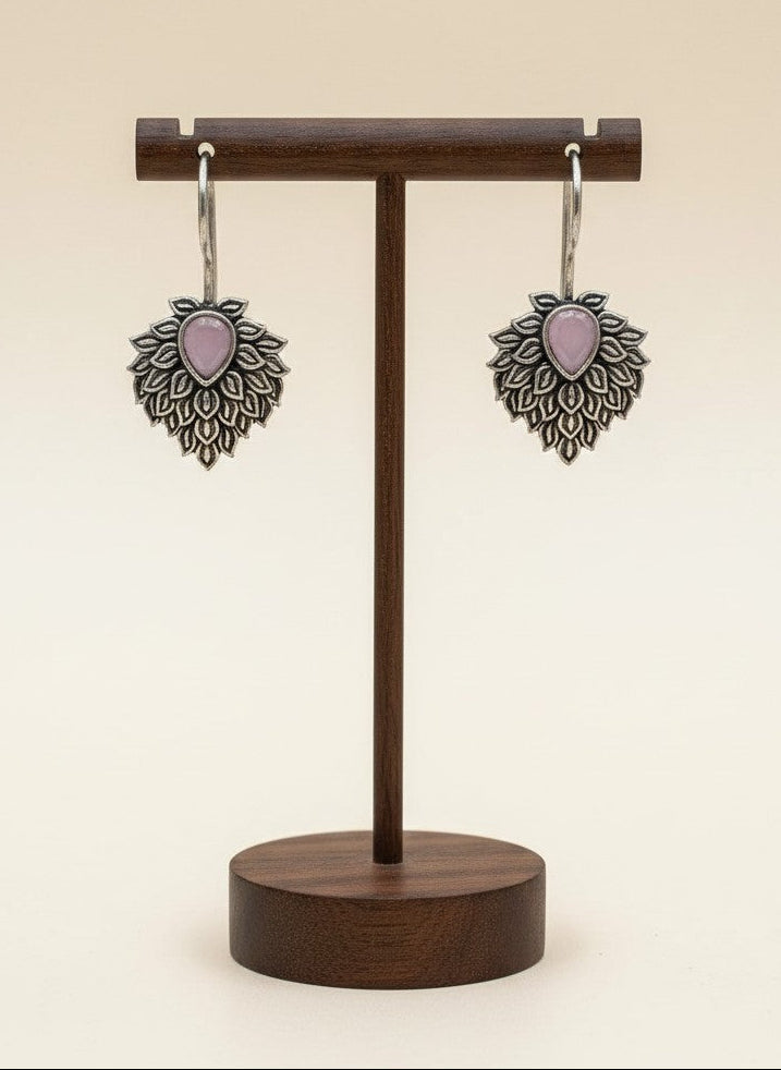 Silver Oxidized Pink Teardrop Stone Nature-Inspired Leaf Cluster Hook Earrings for Women - Everyday Wear