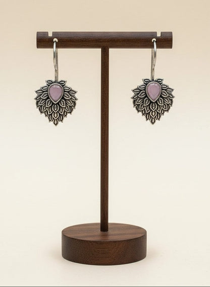 Silver Oxidized Pink Teardrop Stone Nature-Inspired Leaf Cluster Hook Earrings for Women - Everyday Wear