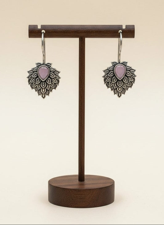 Silver Oxidized Pink Teardrop Stone Nature-Inspired Leaf Cluster Hook Earrings for Women - Everyday Wear
