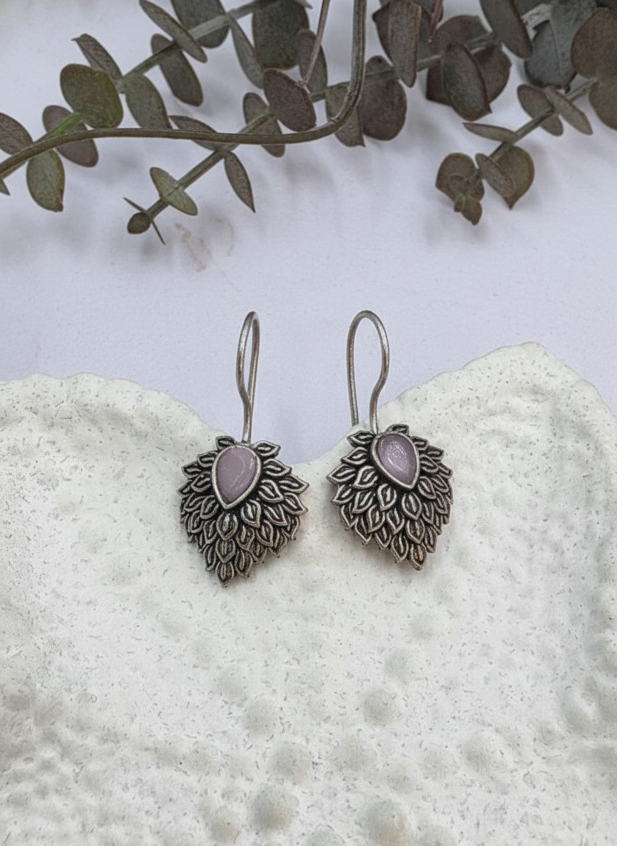 Silver Oxidized Pink Teardrop Stone Nature-Inspired Leaf Cluster Hook Earrings for Women - Everyday Wear