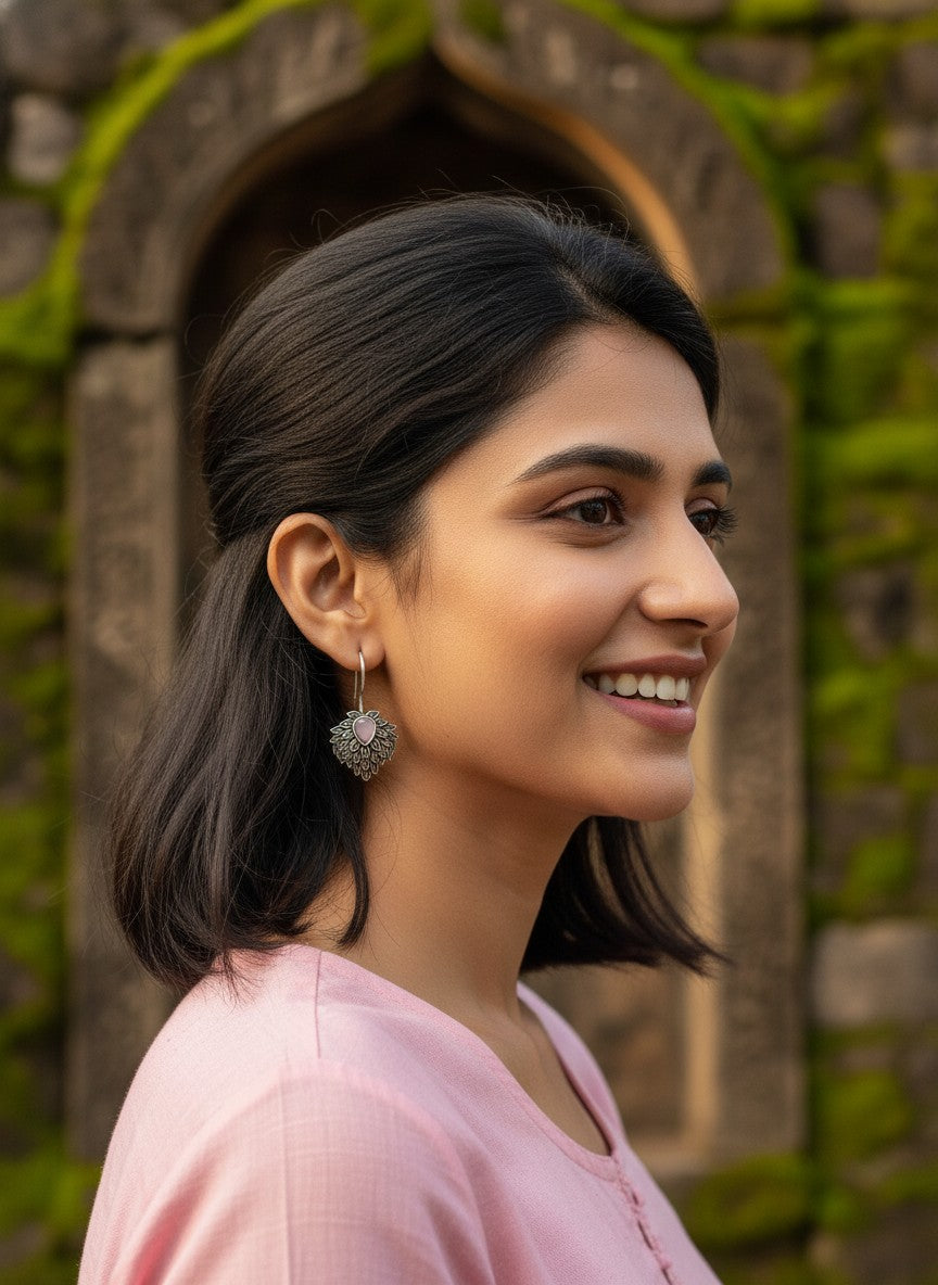Silver Oxidized Pink Teardrop Stone Nature-Inspired Leaf Cluster Hook Earrings for Women - Everyday Wear