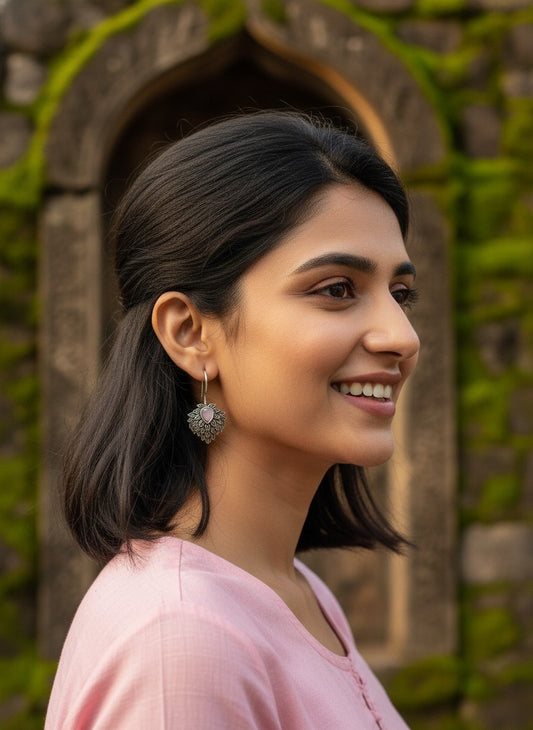 Silver Oxidized Pink Teardrop Stone Nature-Inspired Leaf Cluster Hook Earrings for Women - Everyday Wear