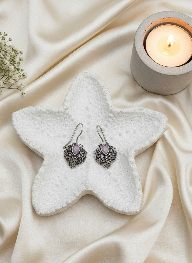 Silver Oxidized Pink Teardrop Stone Nature-Inspired Leaf Cluster Hook Earrings for Women - Everyday Wear