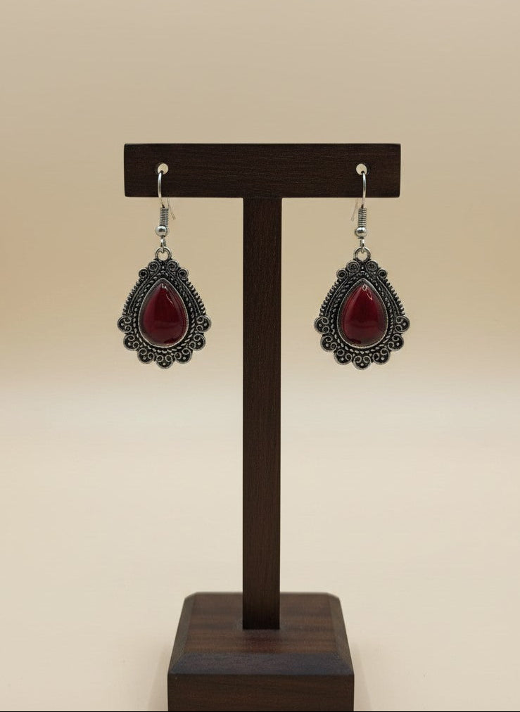 Silver Oxidized Red Monalisa Stone Teardrop Filigree Hook Earrings for Women - Everyday Wear