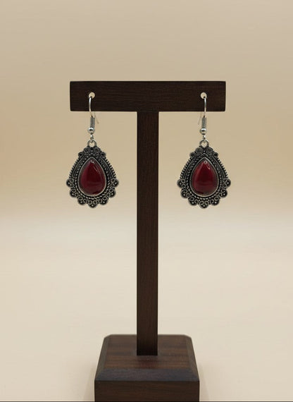 Silver Oxidized Red Monalisa Stone Teardrop Filigree Hook Earrings for Women - Everyday Wear
