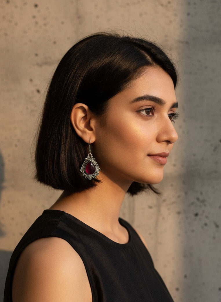 Silver Oxidized Red Monalisa Stone Teardrop Filigree Hook Earrings for Women - Everyday Wear