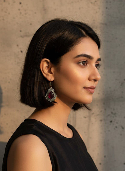 Silver Oxidized Red Monalisa Stone Teardrop Filigree Hook Earrings for Women - Everyday Wear