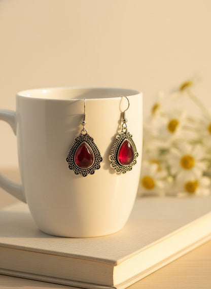 Silver Oxidized Red Monalisa Stone Teardrop Filigree Hook Earrings for Women - Everyday Wear
