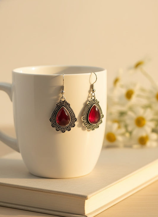 Silver Oxidized Red Monalisa Stone Teardrop Filigree Hook Earrings for Women - Everyday Wear