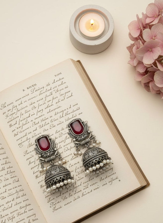 Silver Oxidized Red Stone Jhumka Earrings with Pearl Drops for Women - All Occasions 
