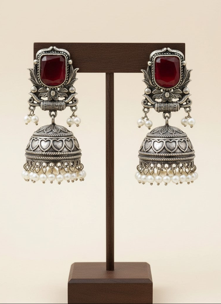 Silver Oxidized Red Stone Jhumka Earrings with Pearl Drops for Women - All Occasions 
