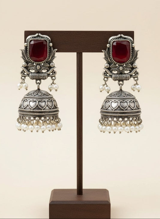 Silver Oxidized Red Stone Jhumka Earrings with Pearl Drops for Women - All Occasions 