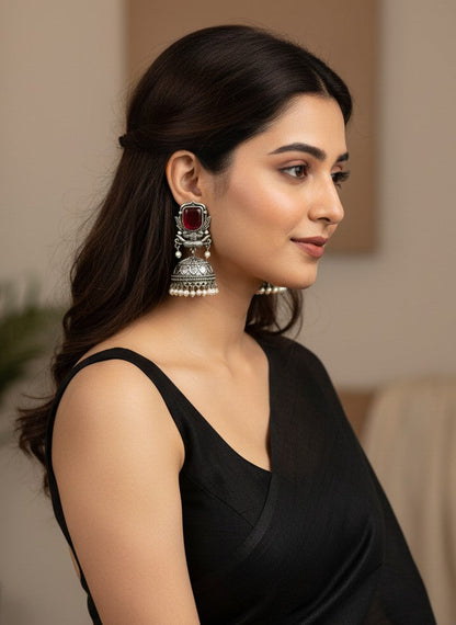 Silver Oxidized Red Stone Jhumka Earrings with Pearl Drops for Women - All Occasions 