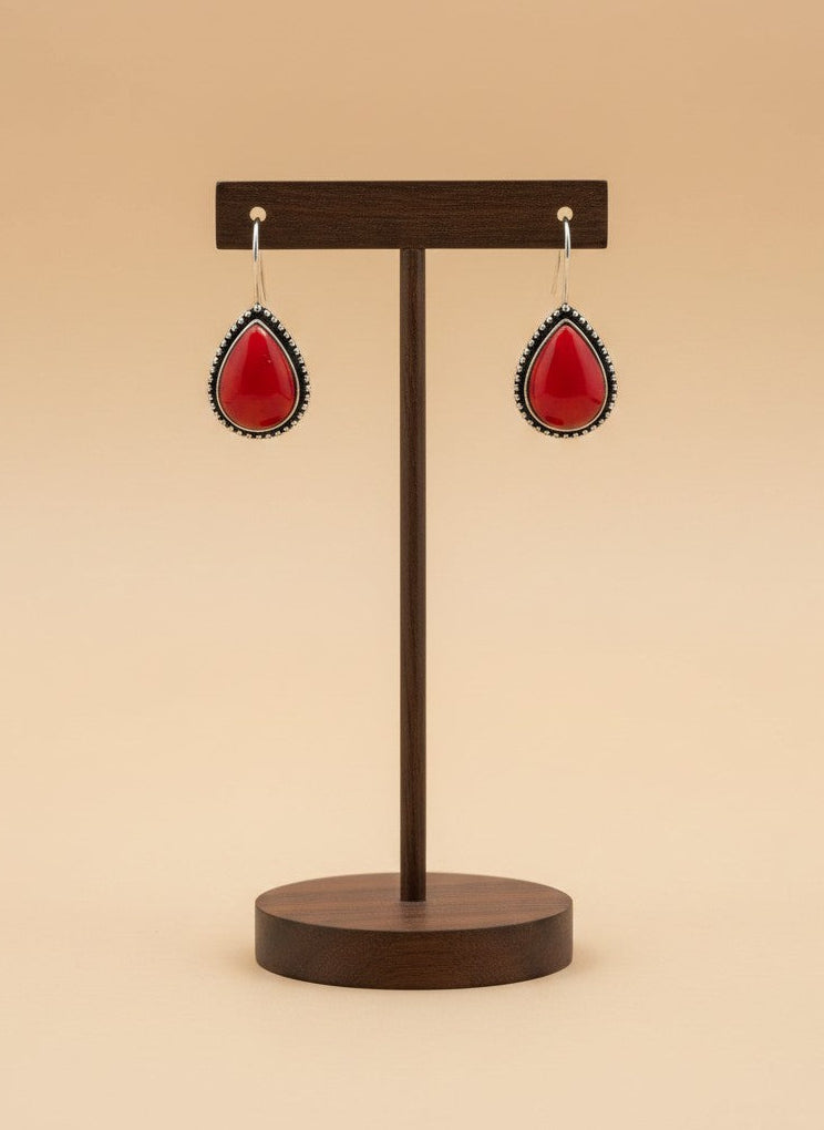 Silver Oxidized Red Teardrop Stone Hook Earrings for Women - Minimal Wear
