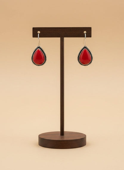 Silver Oxidized Red Teardrop Stone Hook Earrings for Women - Minimal Wear
