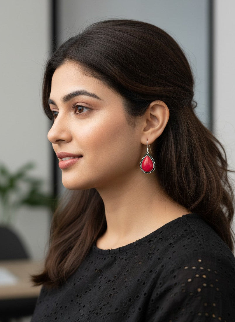 Silver Oxidized Red Teardrop Stone Hook Earrings for Women - Minimal Wear
