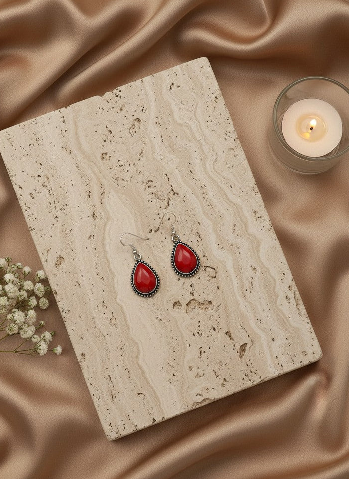 Silver Oxidized Red Teardrop Stone Hook Earrings for Women - Minimal Wear
