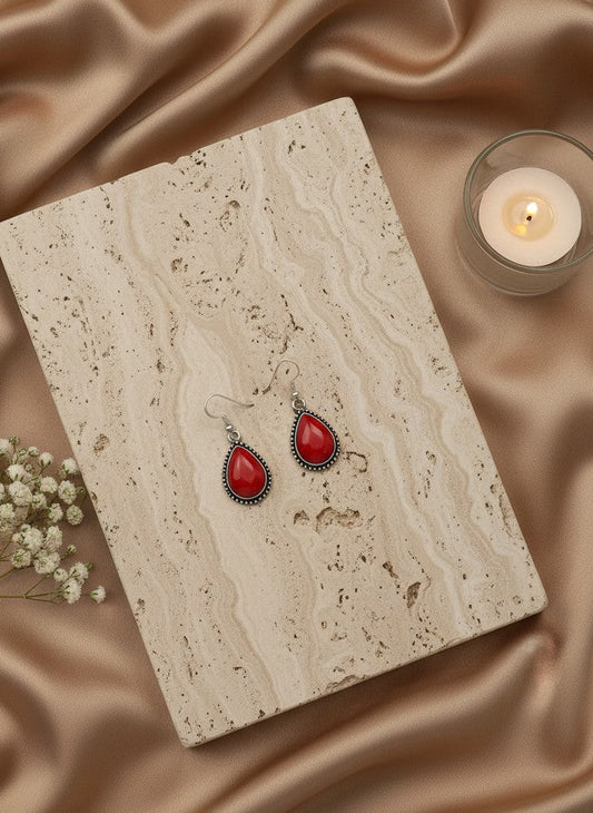 Silver Oxidized Red Teardrop Stone Hook Earrings for Women - Minimal Wear