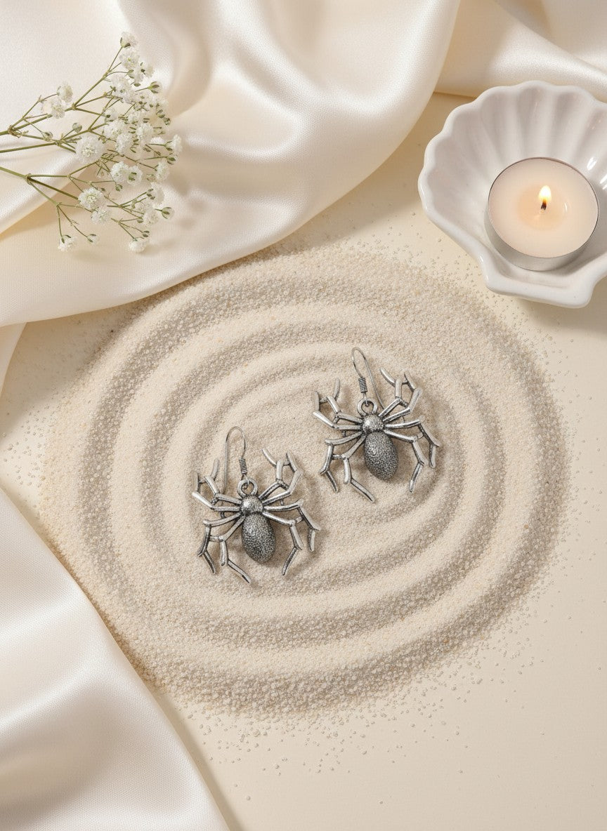 Silver Oxidized Spider Statement Drop Earrings for Women - Casual Wear