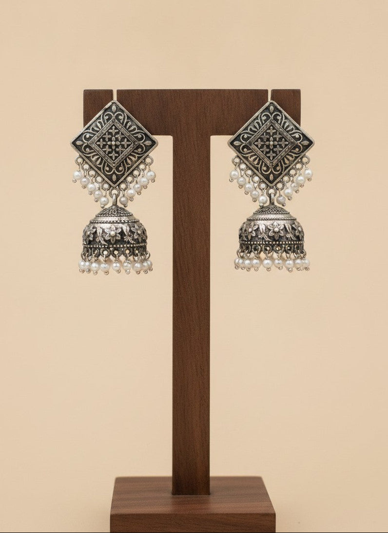 Silver Oxidized Square Jhumka Earring for Women - Ethnic Everyday Wear