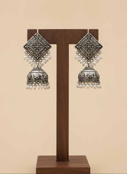 Silver Oxidized Square Jhumka Earring for Women - Ethnic Everyday Wear