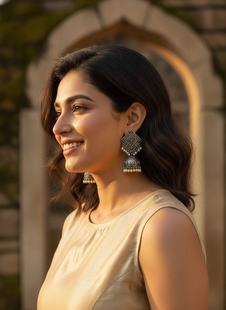 Silver Oxidized Square Jhumka Earring for Women - Ethnic Everyday Wear