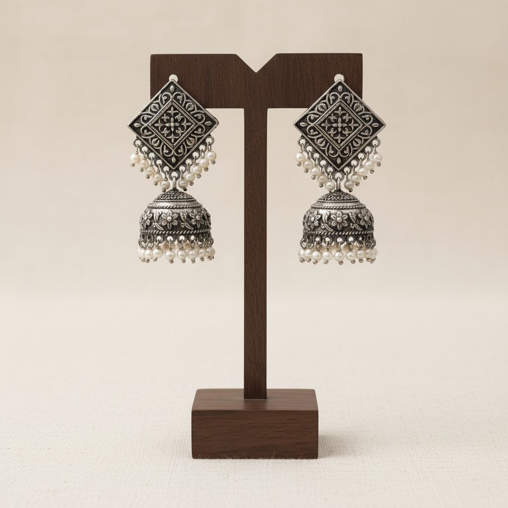 Silver Oxidized Square Jhumka Earring for Women - Ethnic Everyday Wear