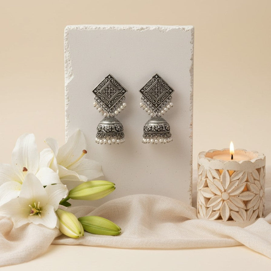 Silver Oxidized Square Jhumka Earring for Women - Ethnic Everyday Wear
