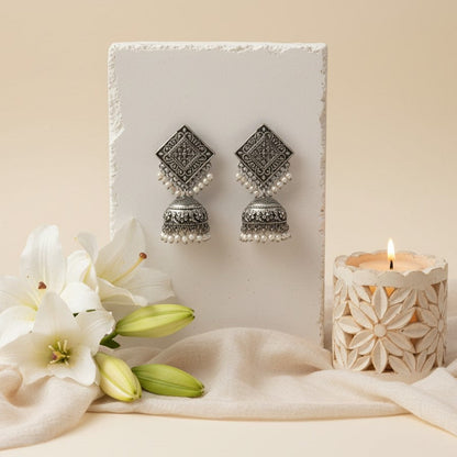 Silver Oxidized Square Jhumka Earring for Women - Ethnic Everyday Wear
