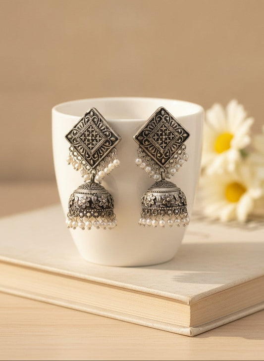 Silver Oxidized Square Jhumka Earring for Women - Ethnic Everyday Wear