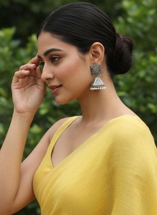 Silver Oxidized Square Stud Jhumka Drop Earrings for Women - All Occasions