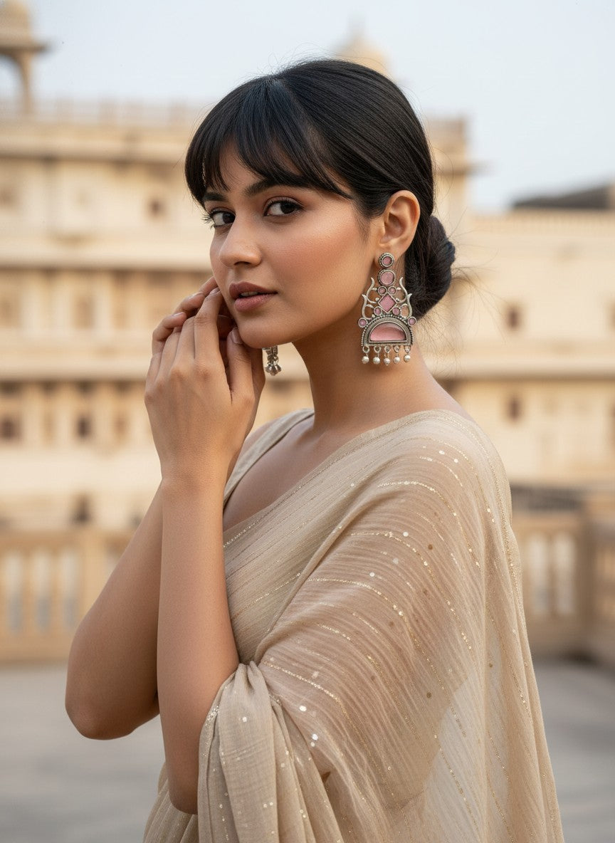 Model wearing Silver Oxidized Stone Dangler Earrings for Women - All Occasions