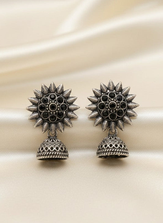 Silver Oxidized Sunburst Jhumka Earrings with Intricate Tribal Detailing for Women - Everyday Office Wear