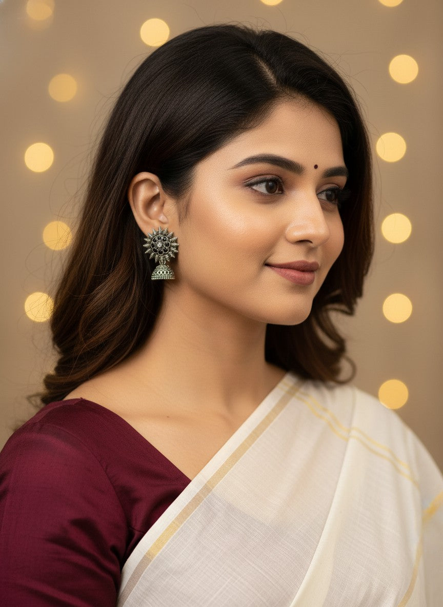 Silver Oxidized Sunburst Jhumka Earrings with Intricate Tribal Detailing for Women - Everyday Office Wear