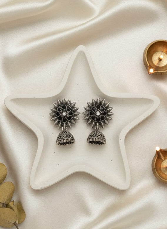 Silver Oxidized Sunburst Jhumka Earrings with Intricate Tribal Detailing for Women - Everyday Office Wear