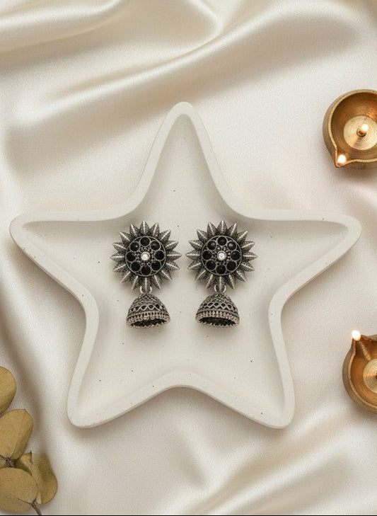 Silver Oxidized Sunburst Jhumka Earrings with Intricate Tribal Detailing for Women - Everyday Office Wear
