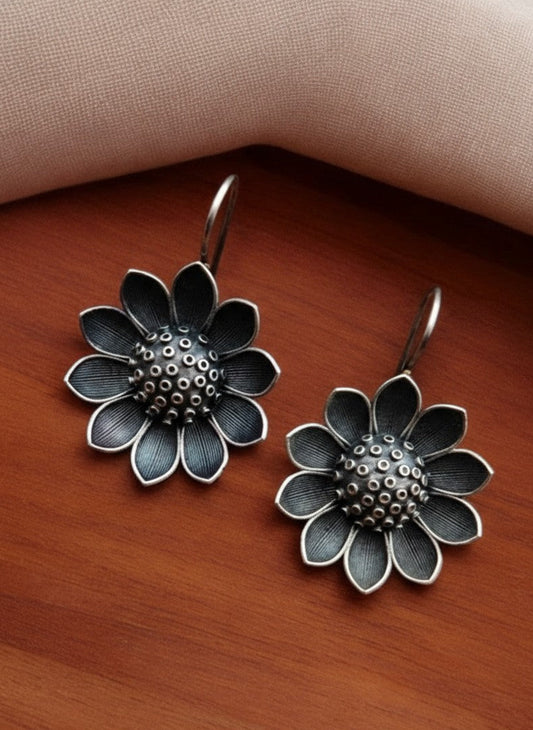 Silver Oxidized Sunflower Drop Hook Earrings for Women - All Occasions