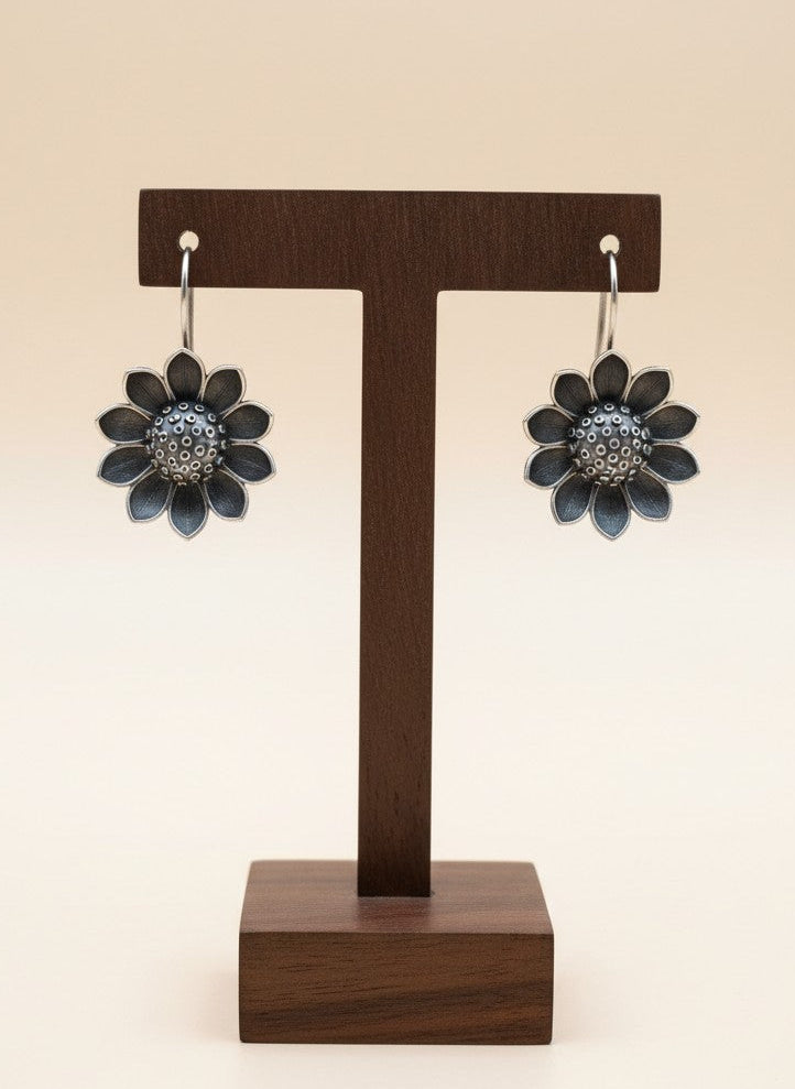 Silver Oxidized Sunflower Drop Hook Earrings for Women - All Occasions
